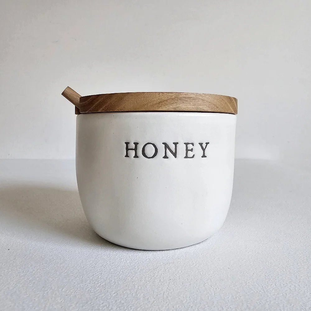 Heart & Hand With Magnolia Stonewear White Honey Jar Acacia Wooden Dipper & Lid